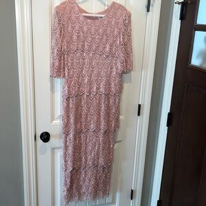Vintage mauve pink lace overlay tiered long formal dress elbow sleeves  14